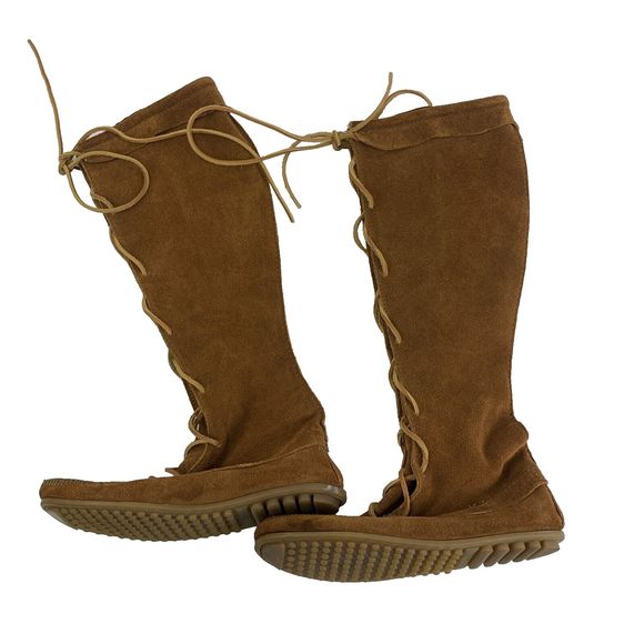 Minnetonka Tan Suede Front Lace Up Tall Boots Tan Fringe Removed 7422 Womens 7 - Picture 4 of 14
